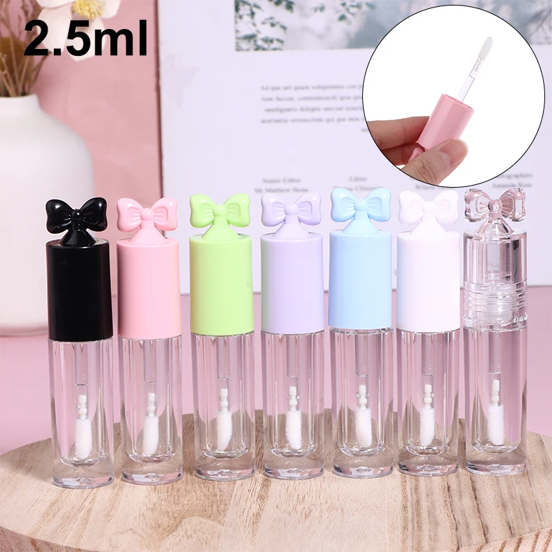 Niedliche kreative Bogenform-Lipgloss-Röhrchen, transparent, leer, DIY, zylindrische Lippenbalsam-Röhrchen, 2,5 ml, mit Zauberstab, nachfüllbare Lippenstift-Flasche