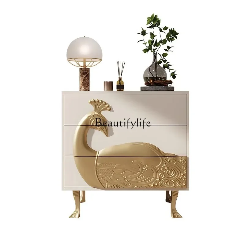 

LAmerican neoclassical chest villa living room solid wood carving peacock decoration light luxury entrance drawer cabinet
