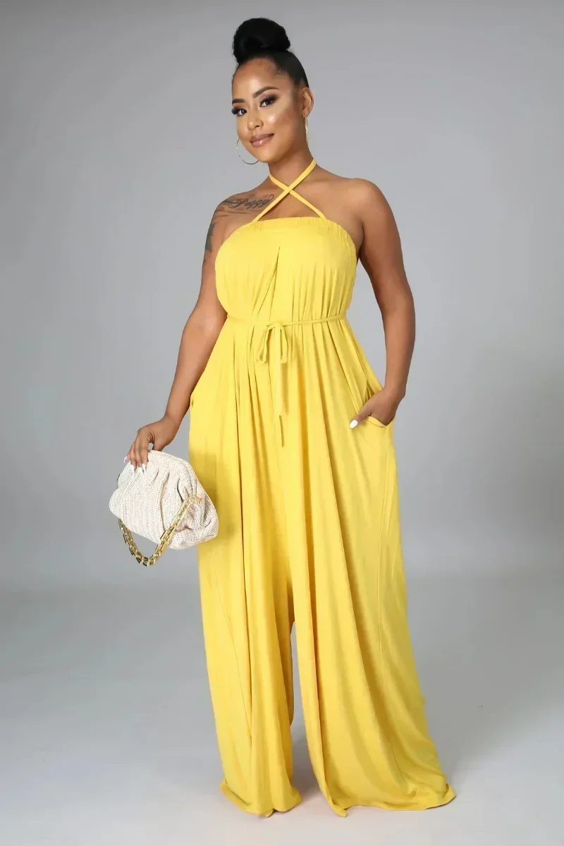 

GUWU Fashion Women Spaghetti Strap Wide Leg Sleeveless Straight Jumpsuit Summer Romper One Piece Set Playsuit Streetwear