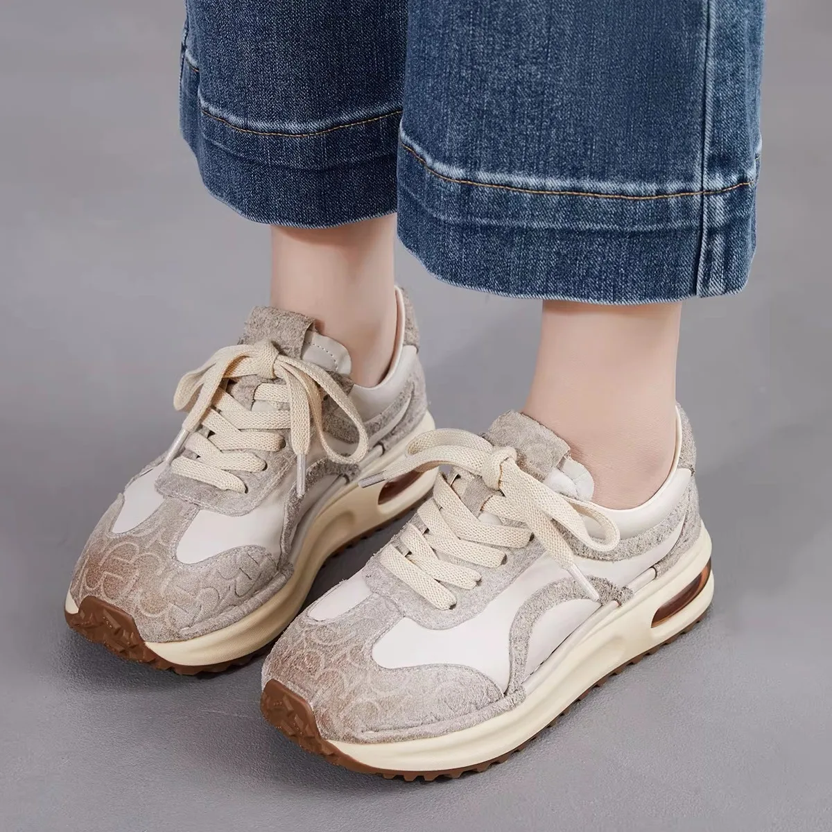 

Retro Genuine Leather Agan Shoes Women's Dirty Deqin Air Cushion Sports Dad Shoes Low Top Outdoor Casual Footwear