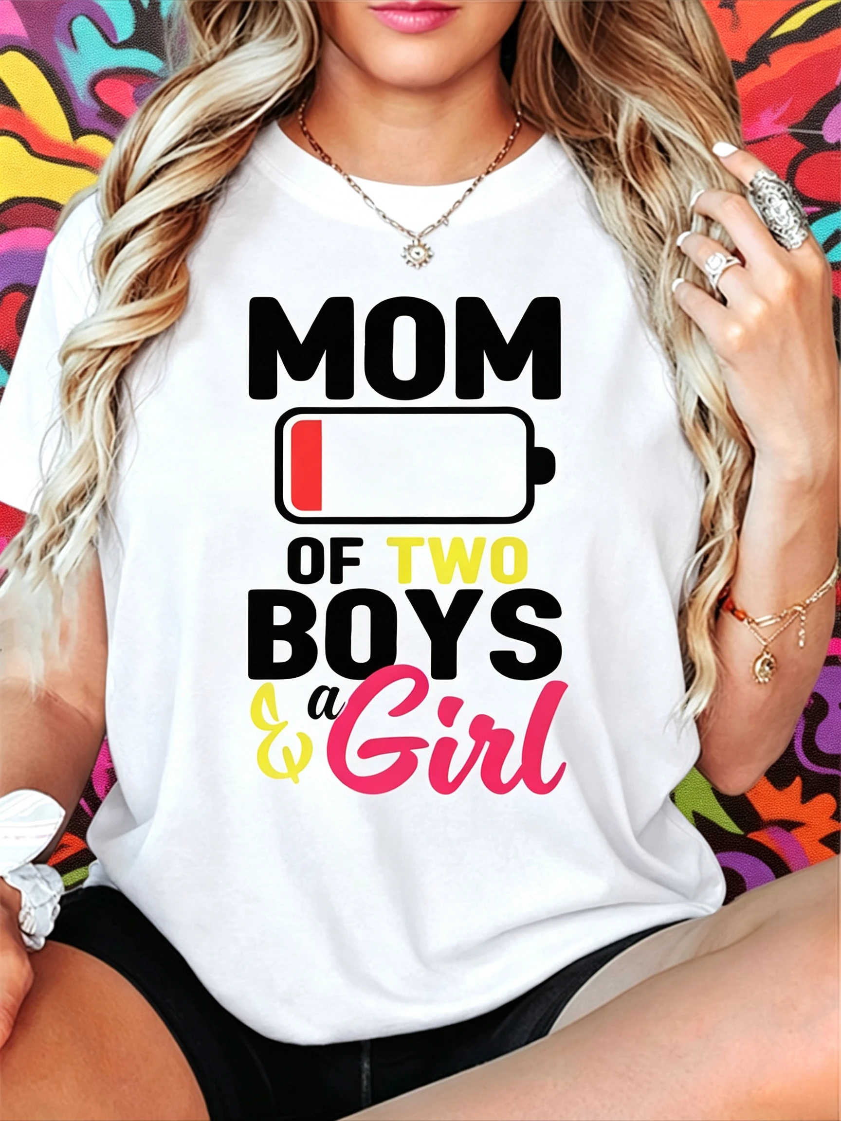 Funny Mom Life Battery Graphic TShirt for Women Mom of Two Boys and A Girl Print Short Sleeve Casual Top Streetwear Daily Outfit