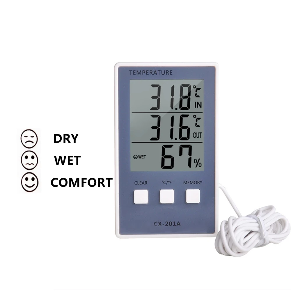 CX-201A Digital Thermometer Hygrometer Indoor Outdoor Temperature Humidity Meter C/F LCD Display Sensor Probe Weather Station