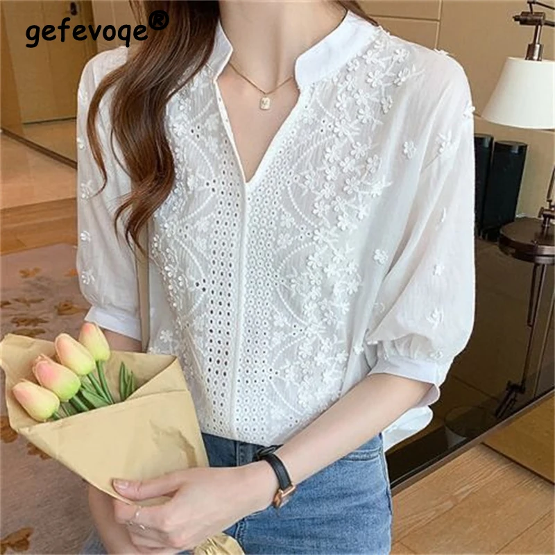 New Women Korean Fashion Hollow Lace Embroidery Blouses Elegant White V Neck Shirts Female Casual Short Sleeve Loose Cotton Tops