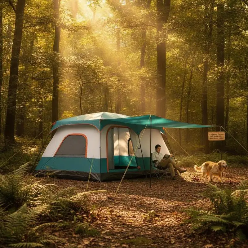 Tente de camping verte pour 8 à 10 personnes, deux chambres séparées et deux entrées. Toile de protection contre la pluie enduite de PU 1000 mm, sol imperméable 3000 mm, fenêtres moustiquaires ventilées. Arceaux en fibre de verre solides, piquets et cordes anti-vent, poche de rangement.