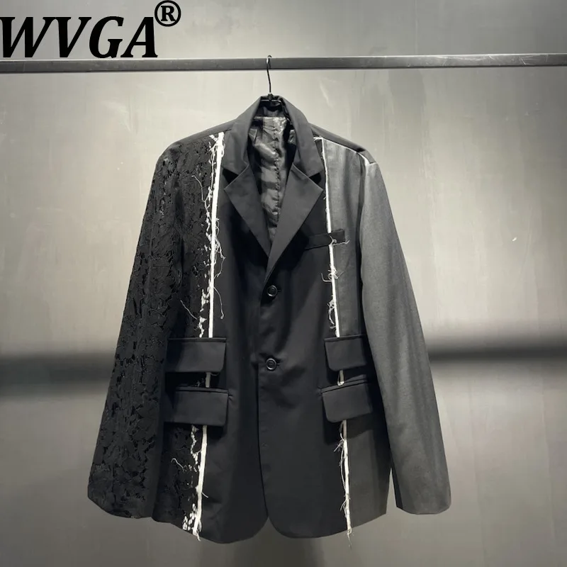 WVGA Spring Autumn New Man Tide Lace Patchwork Trendy Long Sleeve Suit Coat Niche Chic Casual Turn-Down Collar Blazer Ins W15112
