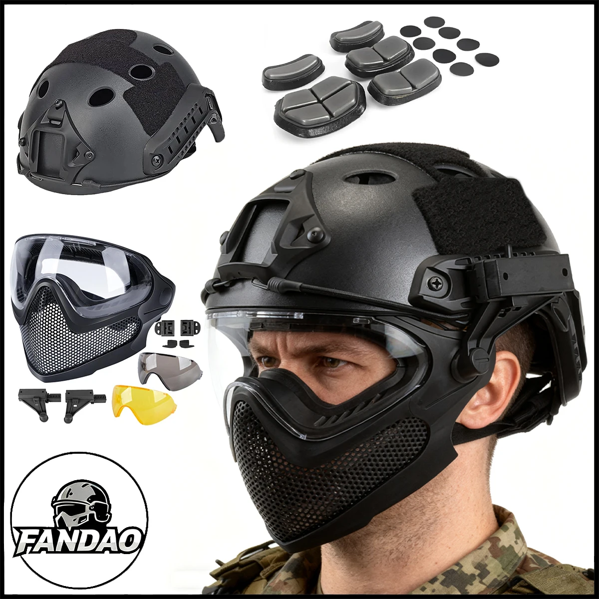 

PJ Type Tactical Airsoft Helmet with Protective Mask Goggles Set with 3 Replaceable Lenses for Outdoor CS Shooting Game Hunting