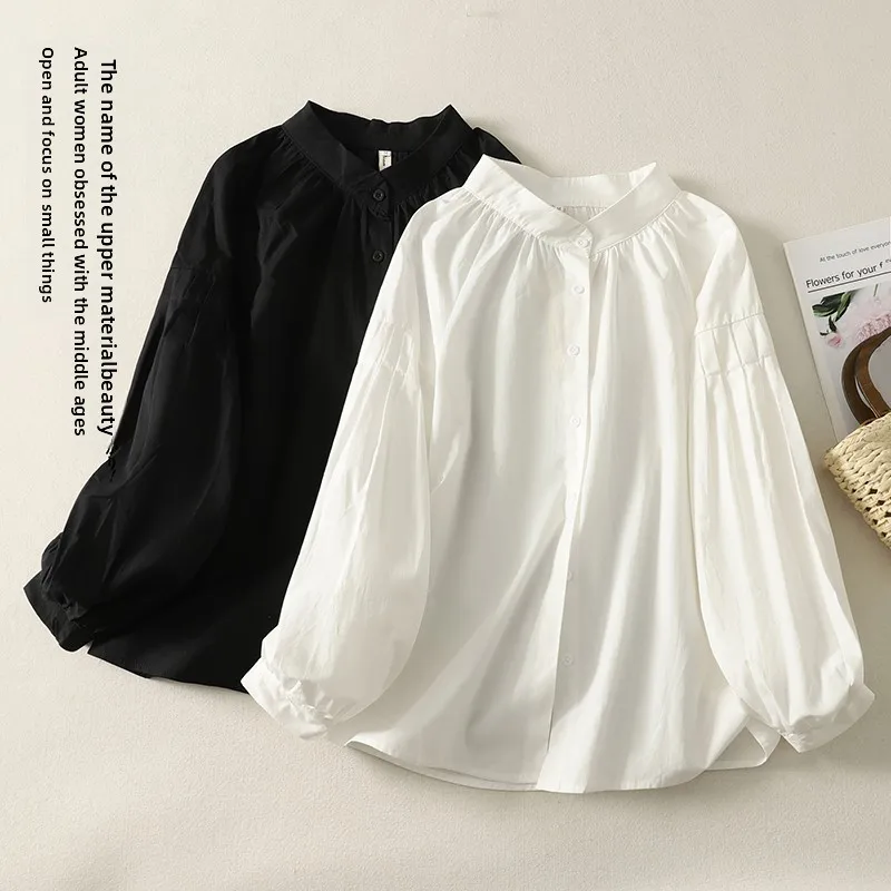 

Spring Autumn Loose Bubble Sve Pleated Doll irt Women's Open Cardigan Long Sve Small irt Button Cotton Blend irt