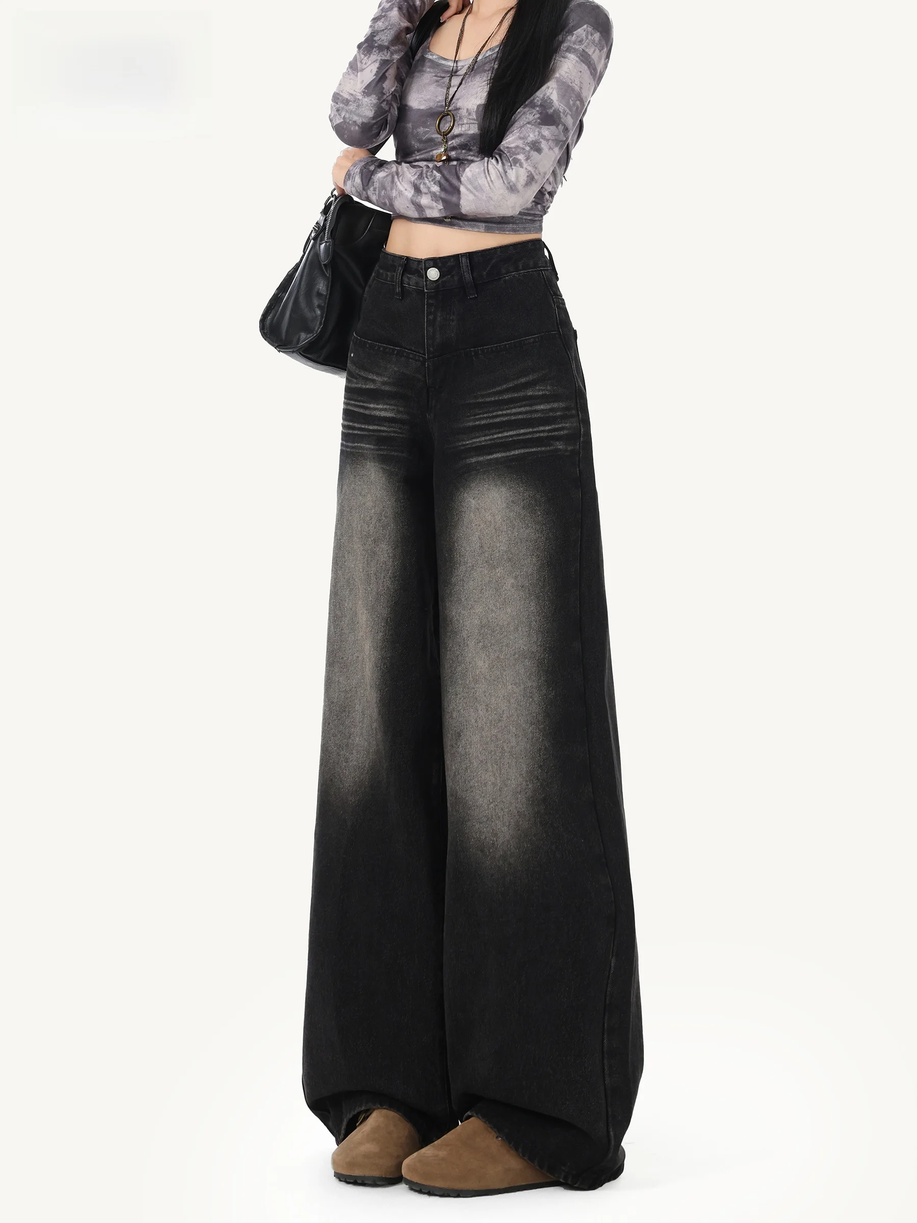 

Черные американские джинсы прямого кроя с широкими штанинами для женщин, осенняя новинка, свободные, стройнящие, драпирующиеся, в пол, с высокой талией, из денима