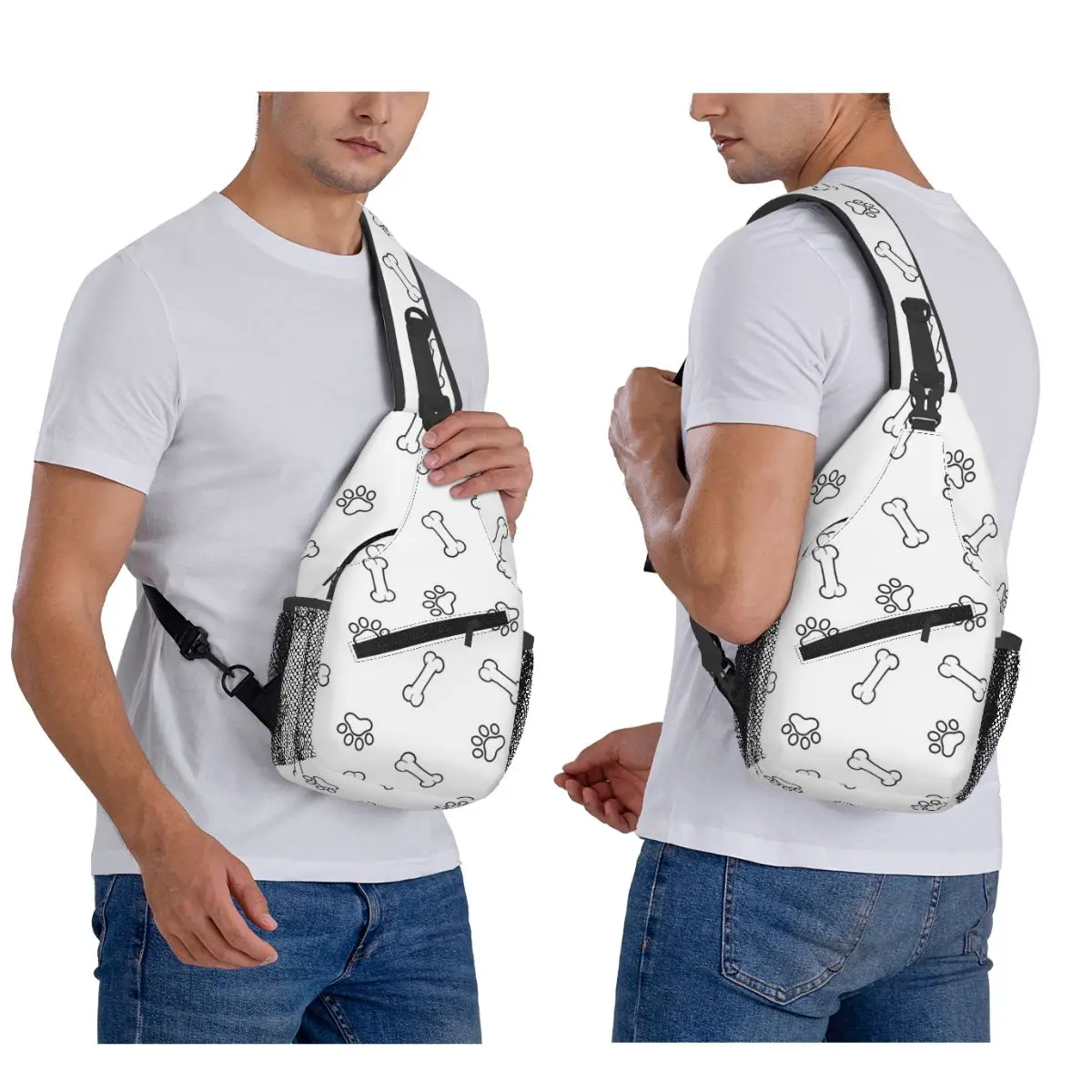 Cool Pet Dog Black Paw Pattern Chest Bag Men Sling Crossbody Backpack Chest Bag Travel Hiking Daypack Shoulder Bag