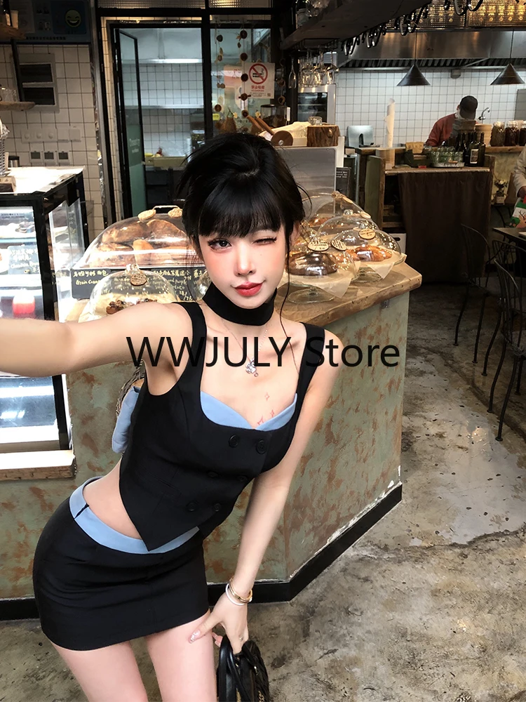 2024 Summer Sexy Backless 2 Piece Skirt Set Woman Bow Sleeveless Vest + Slim Fashion Mini Skirt Outfits Korean Style Set Design