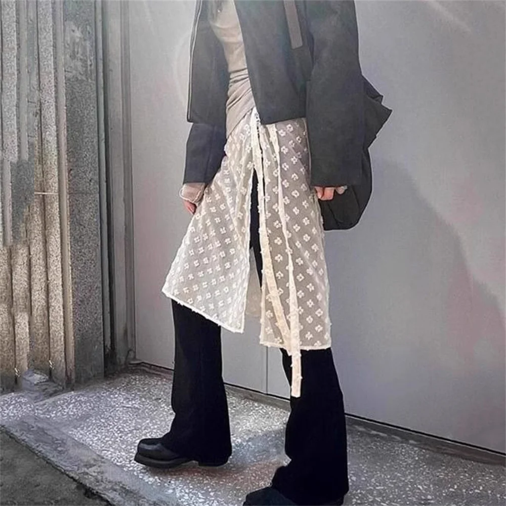 

2024 Solid Lace Layered Gauze Skirt With Tie Up Spicy Girl Stacked Skirt Y2k Streetwear Apron Wrap Skirt Lace Up Matching Pants