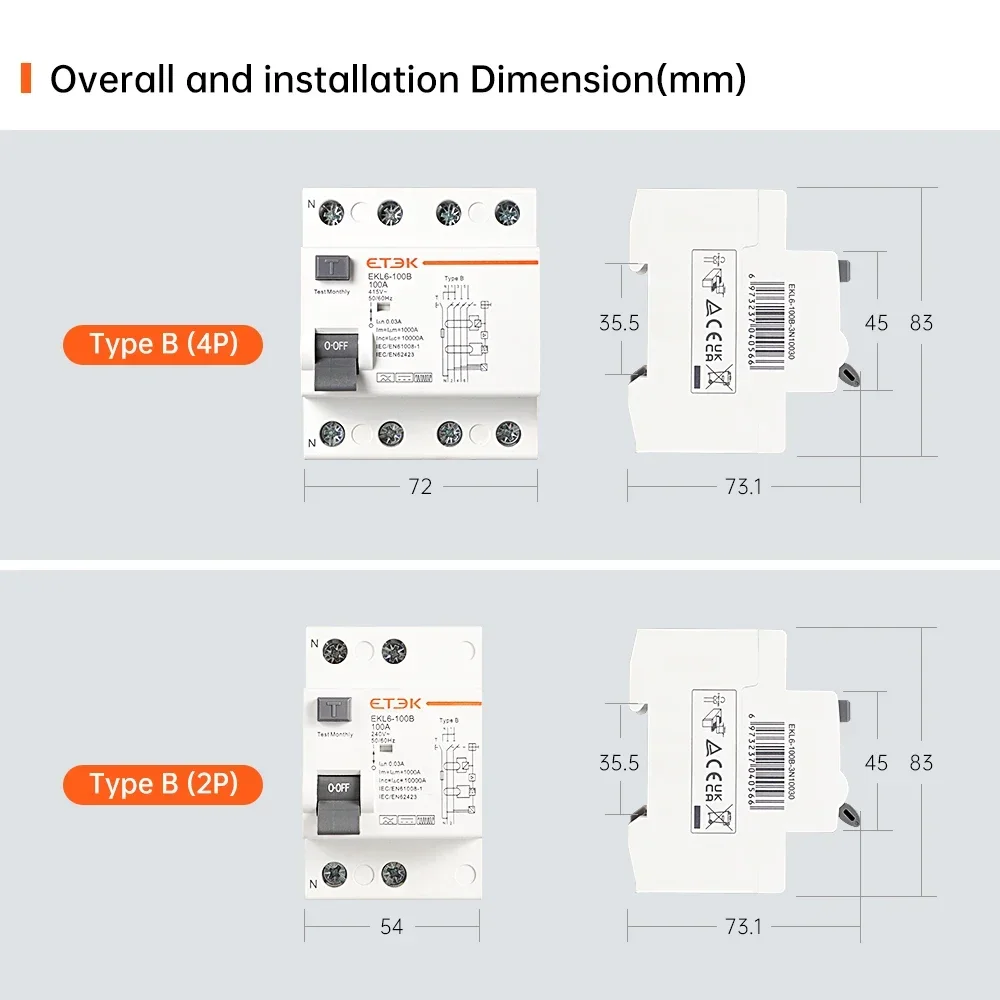 ETEK RCD RCCB tipo B interruttore differenziale differenziale Evse 2P 4P AC 40a 63a 100a 30ma EKL6-100B 10KA guida Din 220V