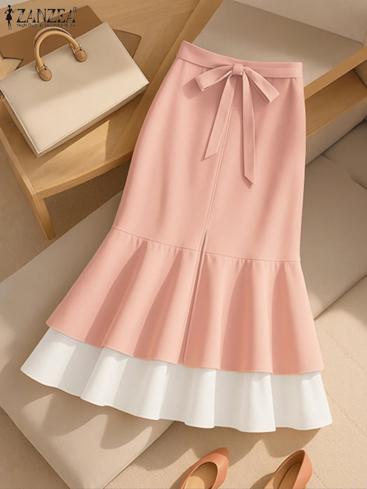 ZANZEA Herbst Hohe Taille A-line Midi Rock Elegante Frauen OL Arbeit Röcke Rüschen Saum Sommerkleid Stilvolle Patchwork Party Faldas Saia