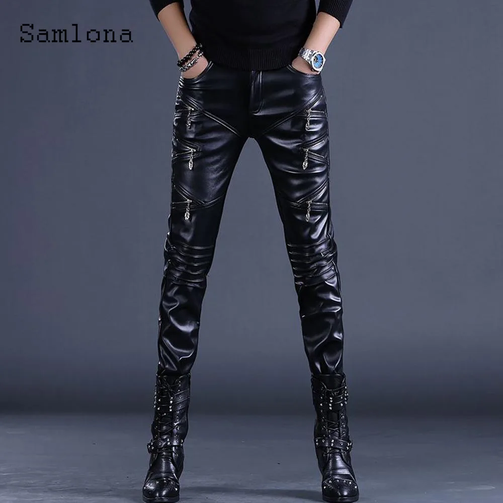 2025 Rock Style PU Leather Pants Sexy Night Club Dance Pants Men Fashion Multi-Zipper Faux Leather Slim Motorcycle Trouser New