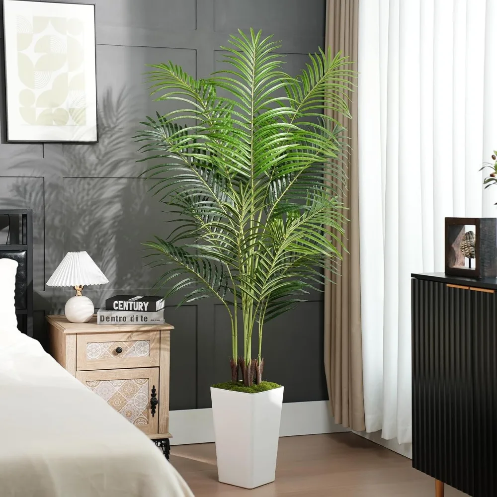 

6-foot tall artificial palm tree, white flowerpot, tall artificial indoor plant, pseudo tropical palm tree artificial silk plant