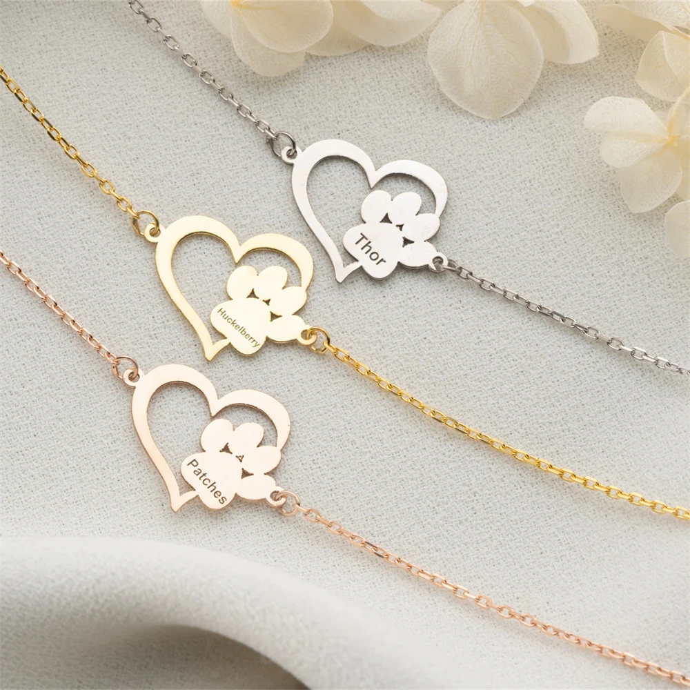 Engraved Paw Print Heart Bracelet Pet Memorial Gift Custom Name Dog Paw Bracelets Animal Friendly Jewelry Stainless Steel Colar