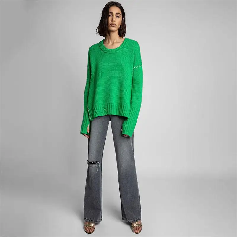 Zadig Women Fashion Sweater Fashion Green Embroidered Cotton Knitwear Female Cashmere Crew Neck Long Sleeve Winter Knitwear Tops