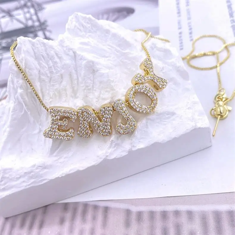 

DOREMI 3D Bubble Name Necklace Gold Diamond Name Pendant Balloon Letter Necklace Initial Puff Pendant Name Initial Necklace