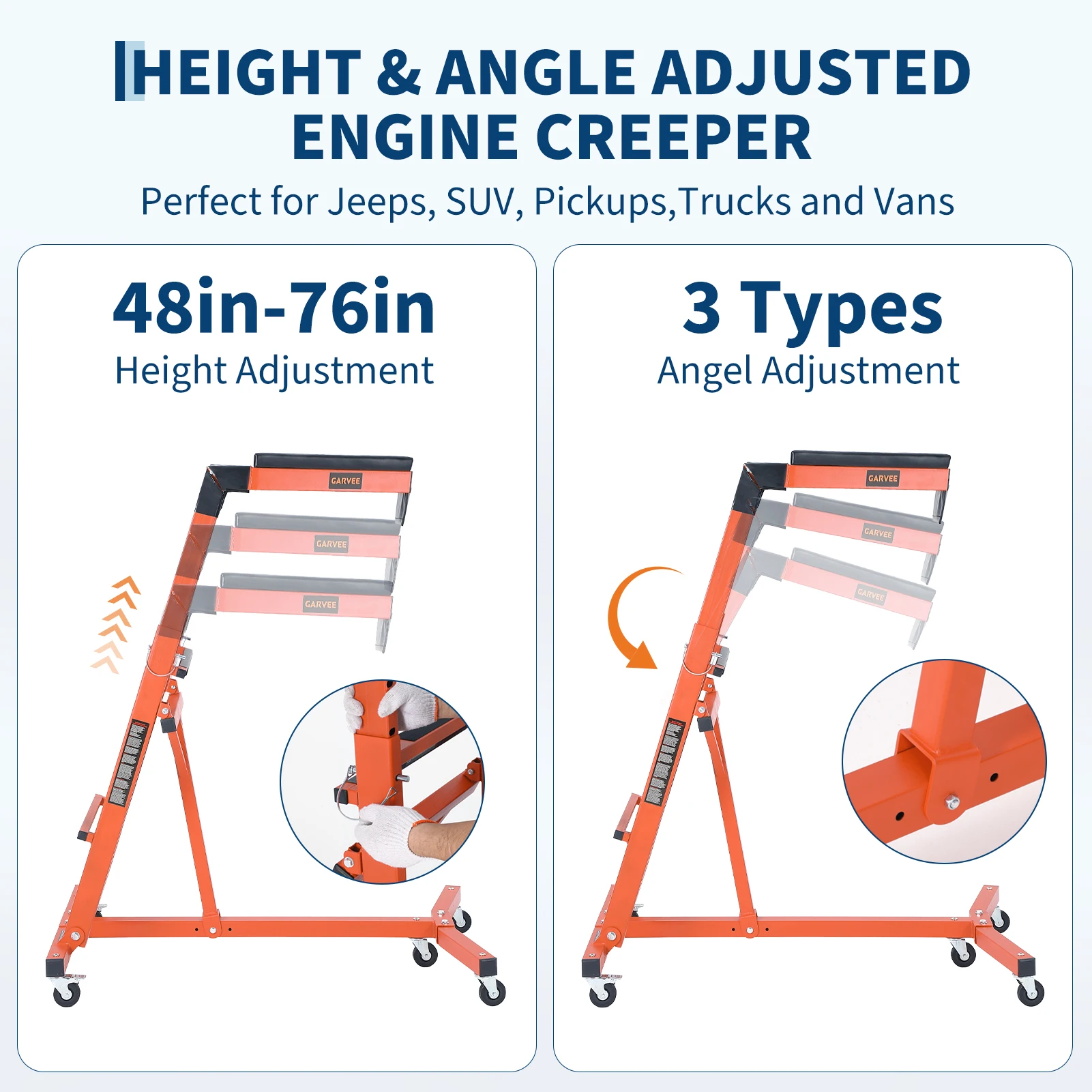 Collapsible Topside Engine Creeper for Cars and Trucks - Adjustable Height 48-76 in - 400 lbs Capacity - Padded Deck - Over-Engine Bay Repair Stand - Ideal Roller Seat for Mechanics and Vehicle Maintenance