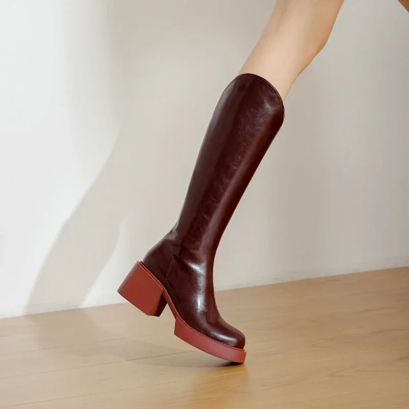 New Autumn/Winter Women Shoes Split Leather Women Boots Round Toe Chunky Boots Solid Knee-High Boots Women Platform Shoes Women