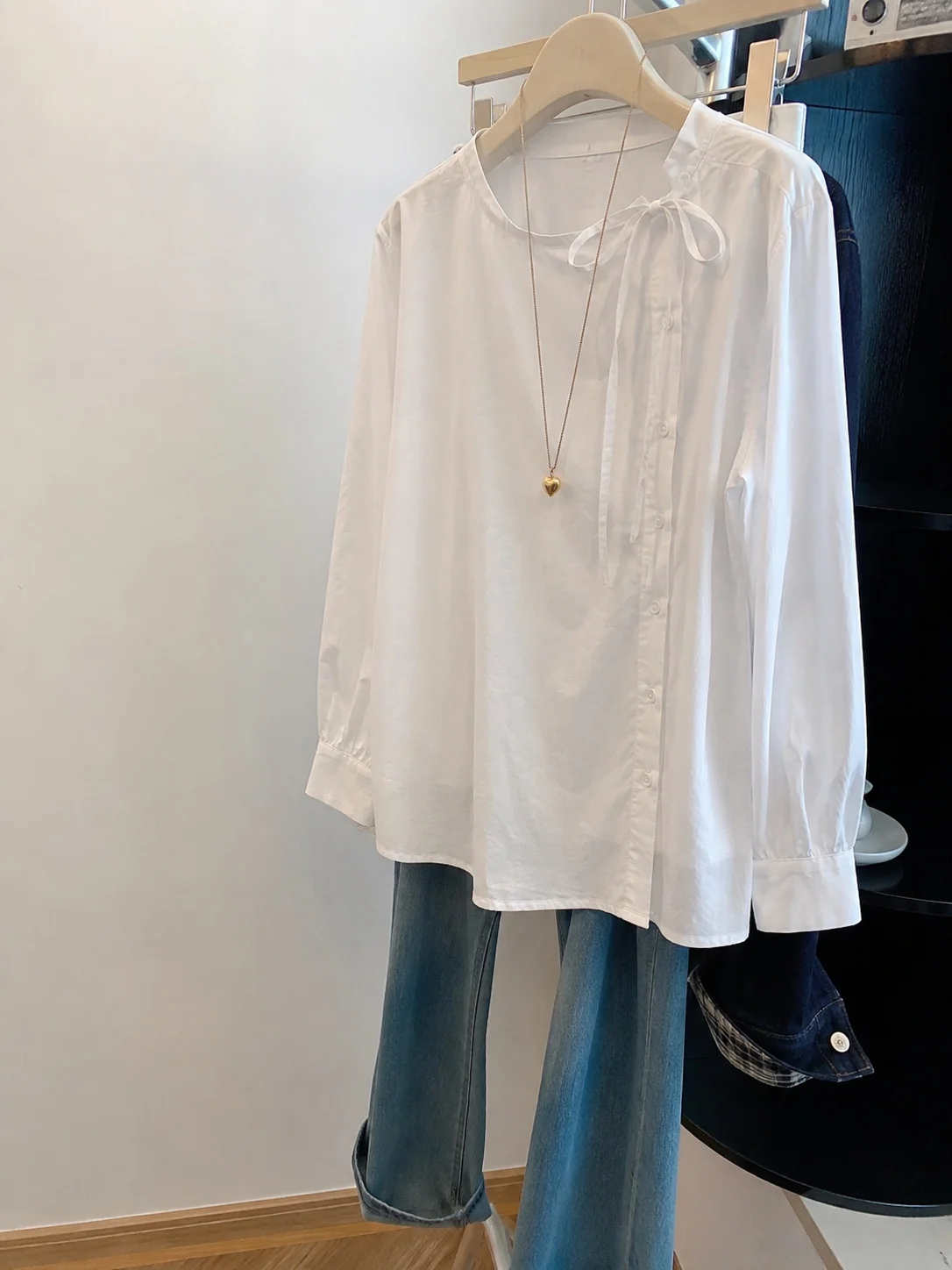 Elegant Loose Fit Shirt with Side Bow Knot round Neck Slanted Button Placket for Women Comfortable Long Sleeve Office Wear