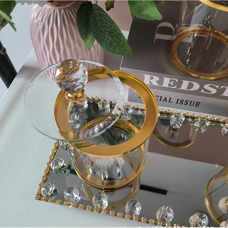 4pcs Glass Candy Jar with Lid Mirror Tray Jewelry Cosmetic Aromatherapy Tea Cup Storage Tray Gold Dried Fruit Snack Sealed Jar