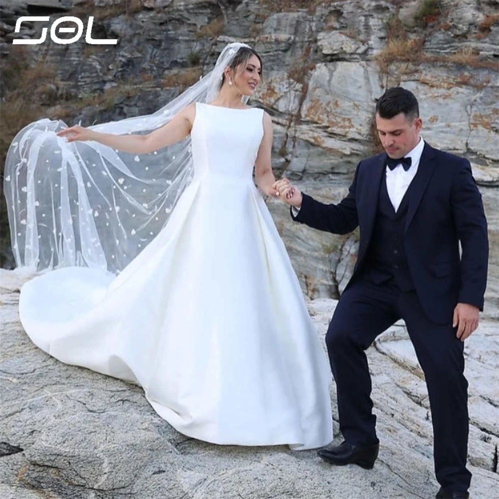 Vestido De Novia De satén con cuello barco para mujer, vestido De Novia sencillo, línea A, espalda abierta, largo hasta el suelo, hecho a medida