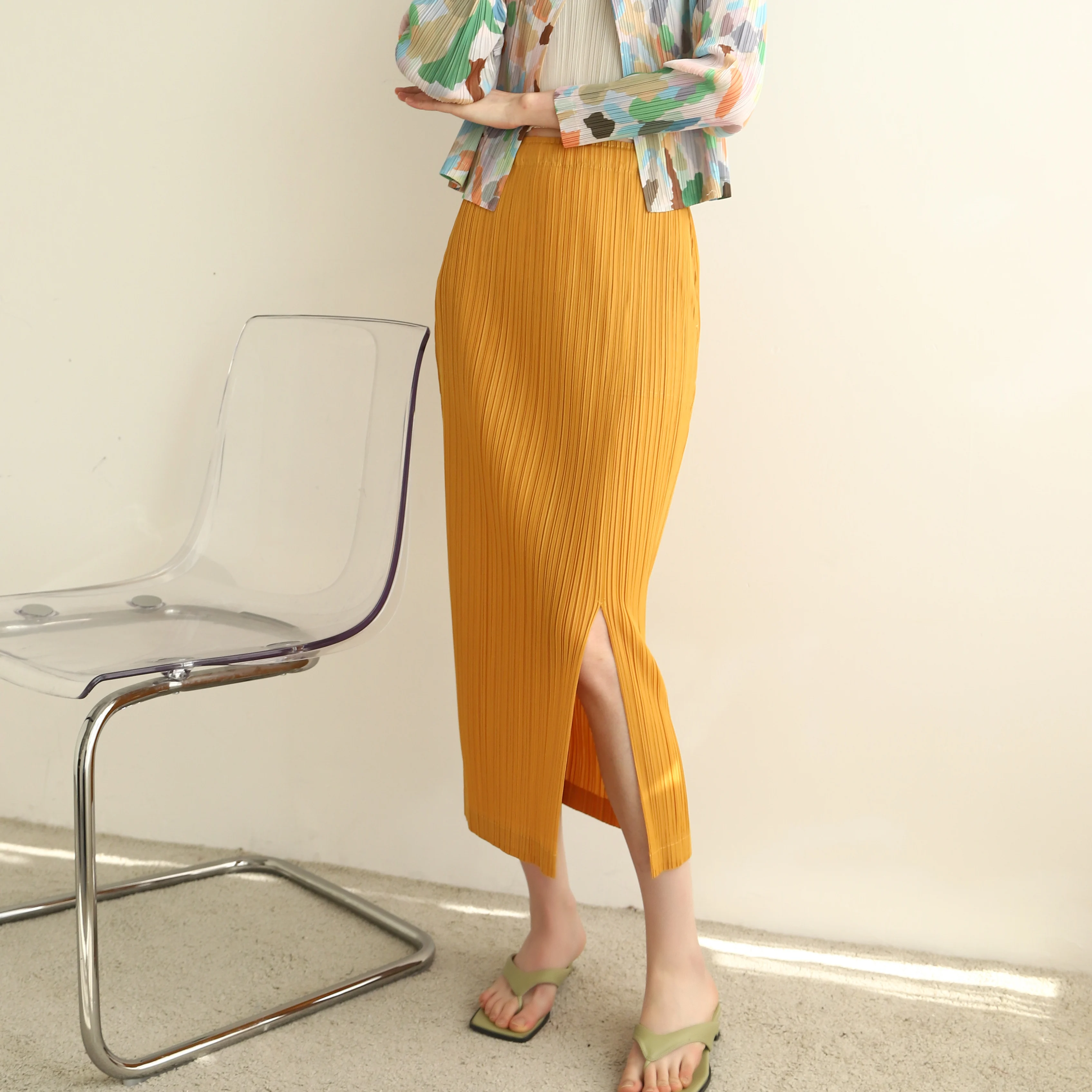 Spring/summer miyake pleated casual fashion versatile temperament commuting front slit skirt