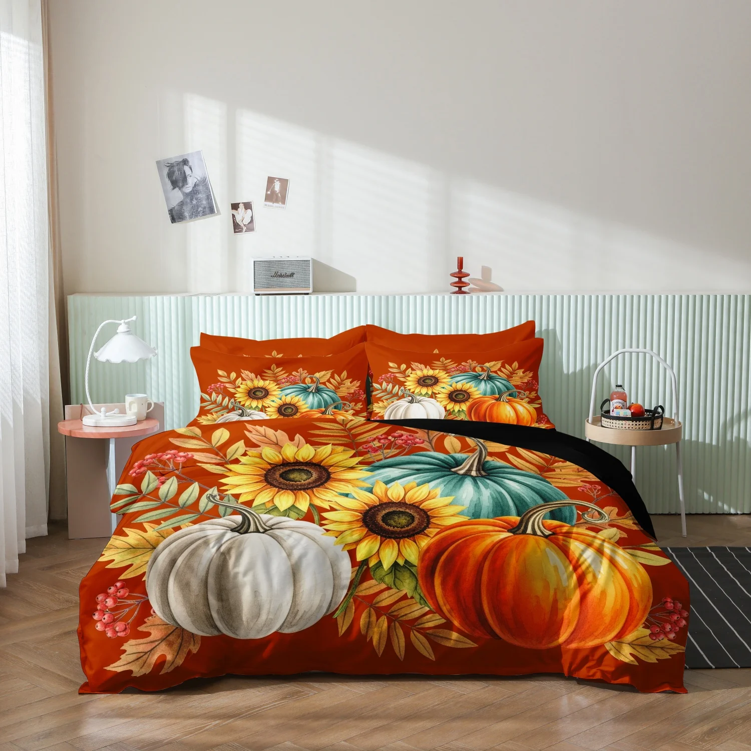 3 Pieces Rust Orange Sunflower Pumpkin Autumn Leaf Print Duvet Cover Set, Colorful Pumpkin Berry Fall Floral Print Bedding