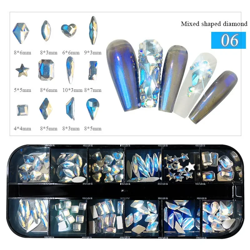 12 rasters gemengde maten nail art steentjes kristal 3D glitter diamant decoratie nagel onderdelen accessoires doe-het-zelf manicure decoratie