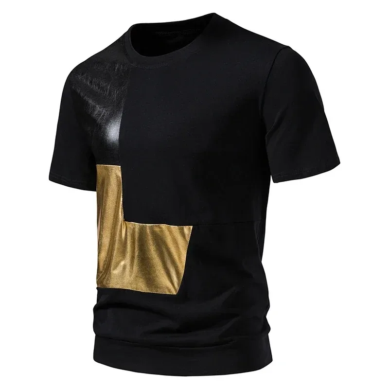 

Men's Glossy Metal Color Block Patchwork Cotton T-shirt 2024 Summer Steampunk Hip-hop T-shirt Men's Street Wear