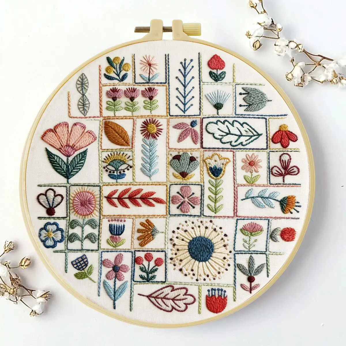 1 Stück 20X20CM/15X15CM 7,87/6,3 Zoll Stickerei-Starter-Kit mit verschiedenen Blumenmotiven DIY-Kit DIY-Stickerei-Set Handarbeiten – Detail 2
