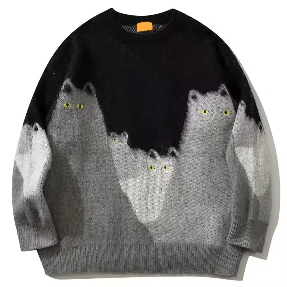

ARENS Cat Graphic Knitted Sweater Men Oversized Hip Hop Streetwear Hip Hop Pullover Sweaters Black Loose Casual Sweaters Jumper