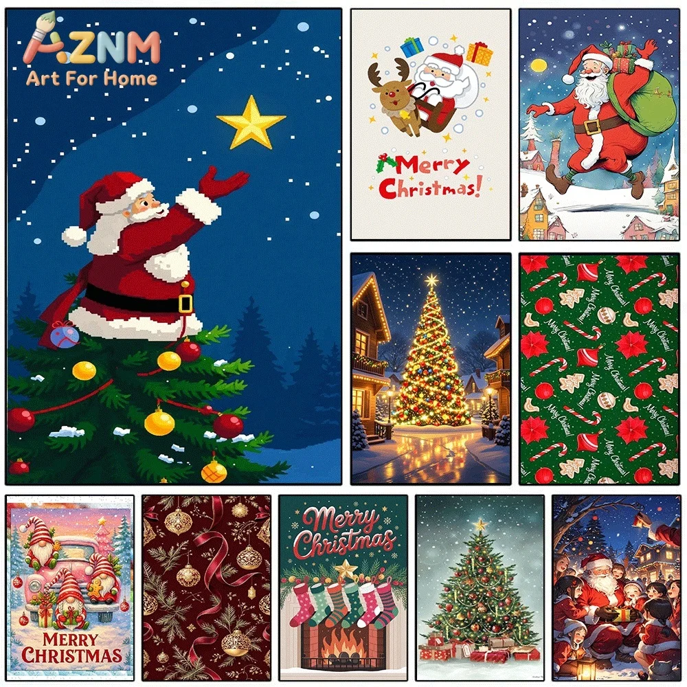 Cartoon Santa Claus Reaching For Star On Christmas Tree Night Snow Canvas Wall Art Print Poster Unframed Canvas Painting Home