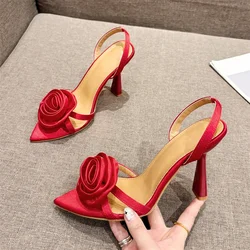 Eilyken Street Style Summer Flower Women Sandals Sexy Fashion Pointed Toe High Heels Slip-On Wedding Banquet Stripper Shoes