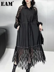 [EAM] Women Black Denim Lace Perspective Big Size Shirt Dress New Lapel Long Sleeve Fashion Tide Spring Autumn 2024 1DH6627