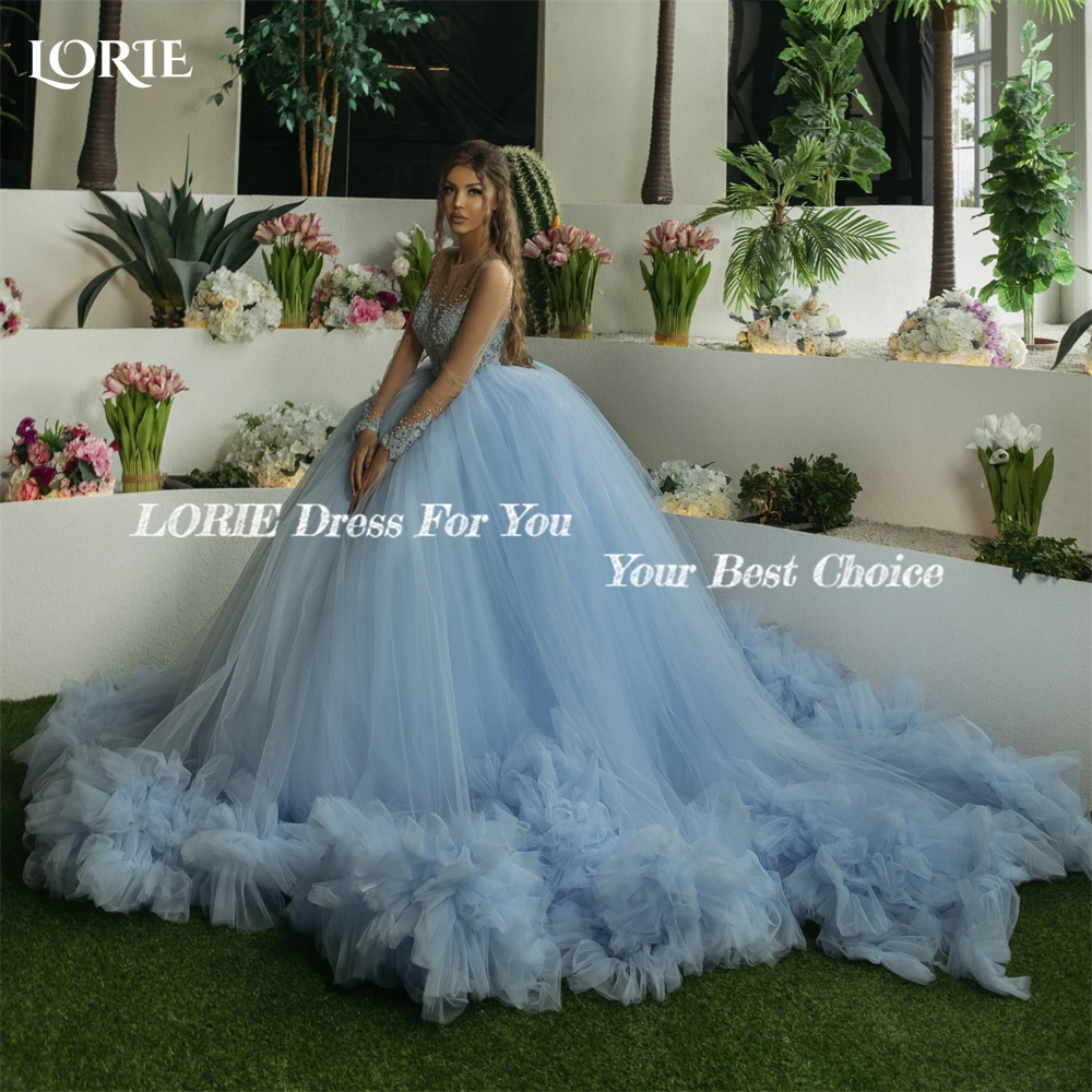 LORIE Sky Blue Tulle Formal Prom Dresses Glitter Long Sleeves A-Line Backless Evening Dress Pageant Tiered Ruffles Party Gowns