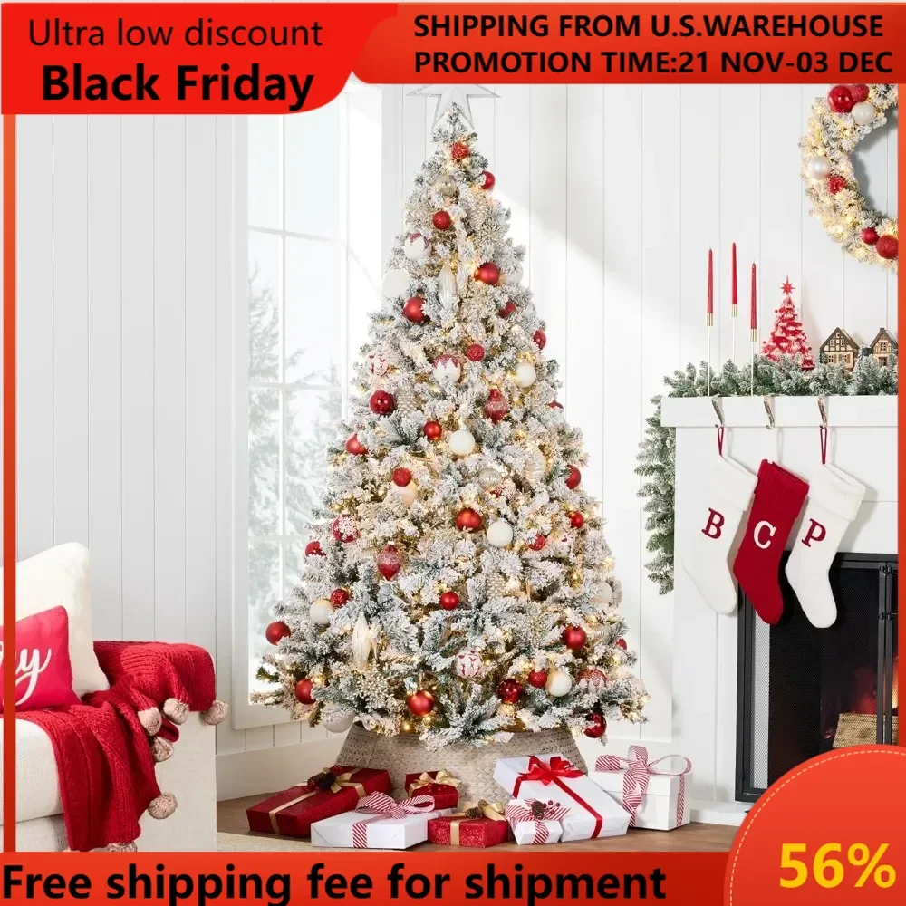 

Pre-Lit Artificial Christmas Tree, 7.5ft Snow Flocked Design Pine Tree, Full Appearance Snowy w/Easy Assemb Christmas