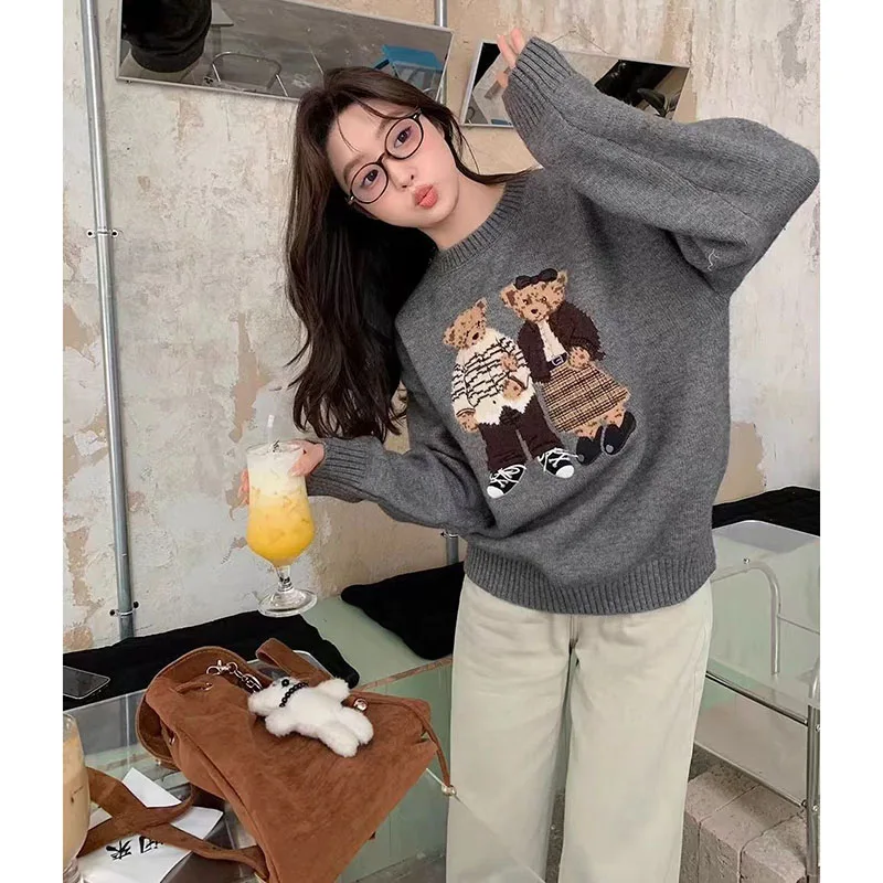 Spring Autumn Ladies New Atmosphere Cartoon Bear Soft Waxy Sweater Women Autumn Winter Comfortable Soft Cute Pullover Knit Top