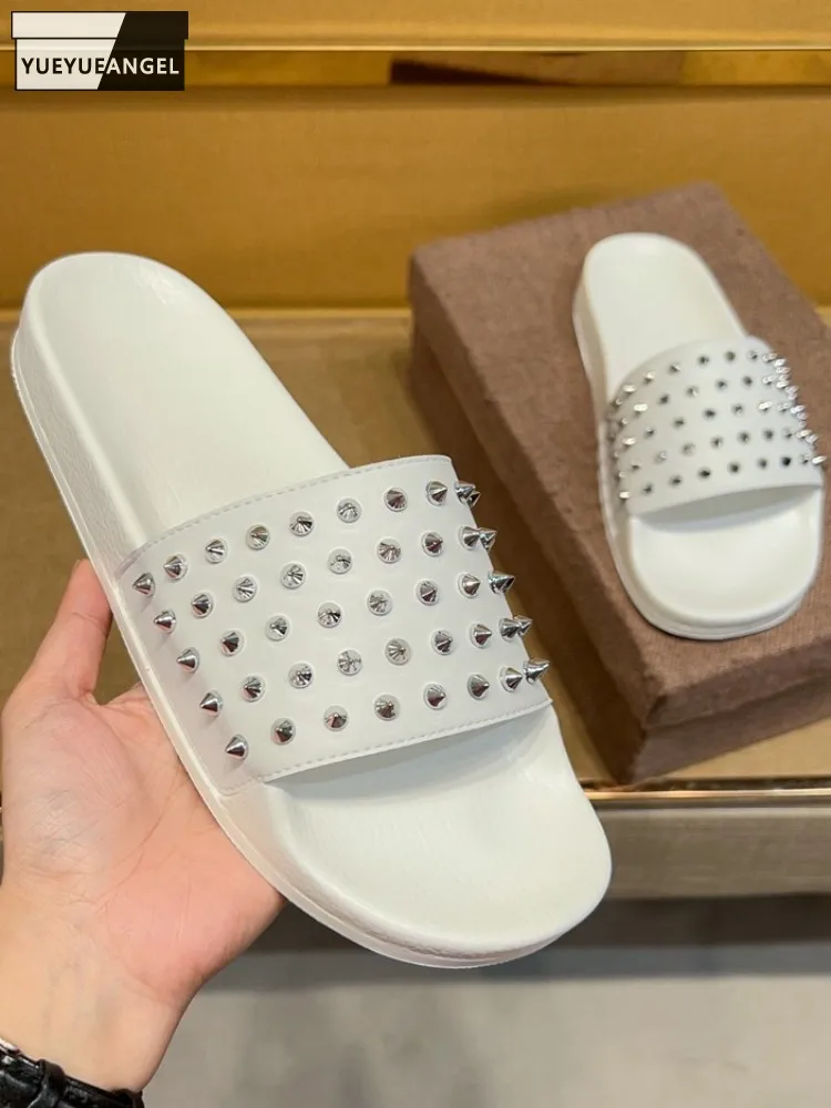 Korean Style Male Summer Wearing Outside Shoes Fashion Rivet Open Toe Slip On Breathable Solid Color Leisure Flat Slippers