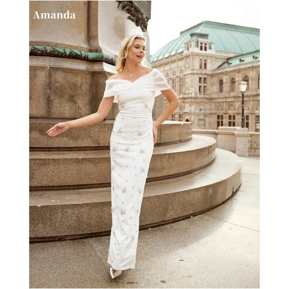 

AAmanda индивидуальное блестящее платье-футляр со стразами, белые платья для выпускного вечера с открытыми плечами, платья de noche, длиной до пола, вечернее платье