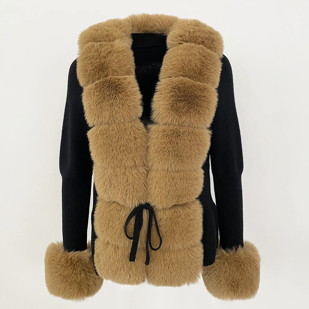 

Fur Coat Eco-friendly Cardigan Detachable Collar Knitwear Woman Fur Jacket Knitted Patchwork Knit Sweater Autumn Cardigan
