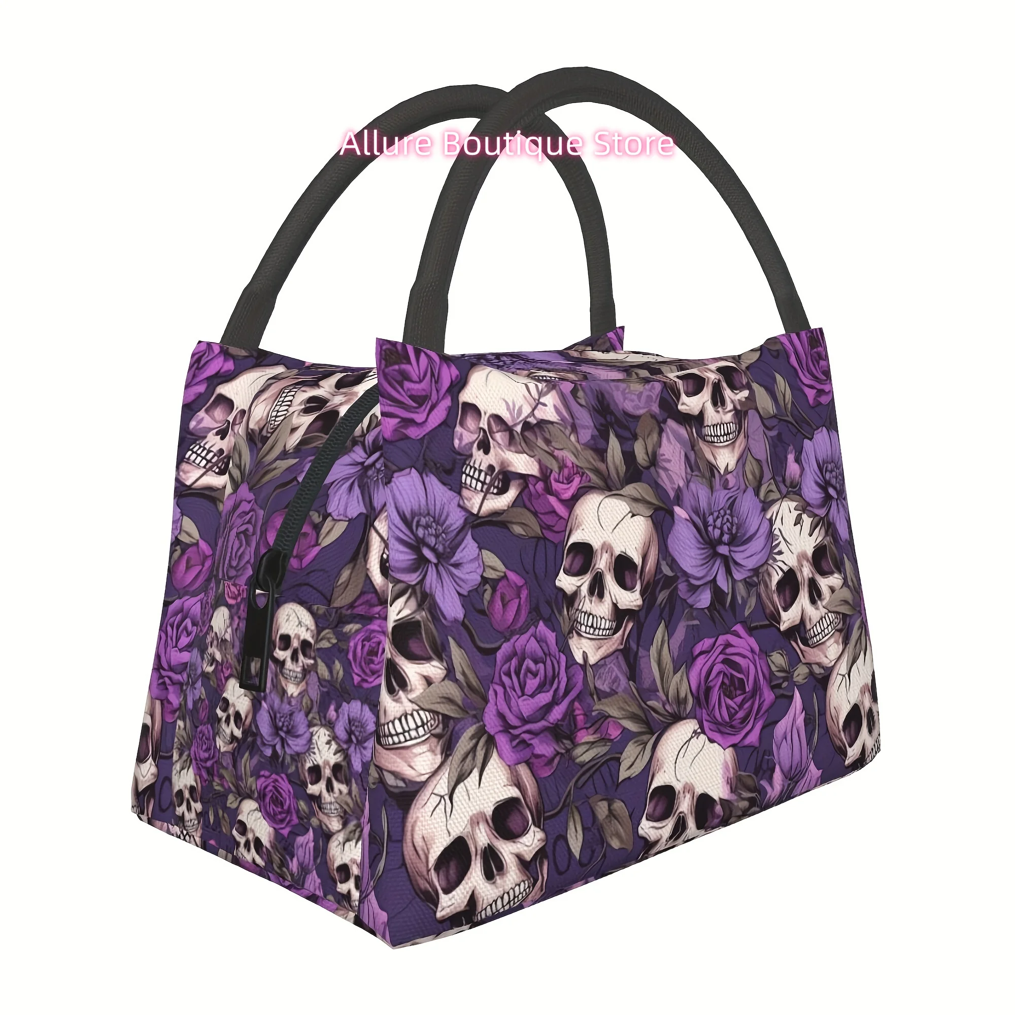Unisex Insulated Lunch Bag, Reusable Large Tote with Thermal Seal Zipper, Violet Skull Pattern Portable Lunch Box Cooler Bag, Pe
