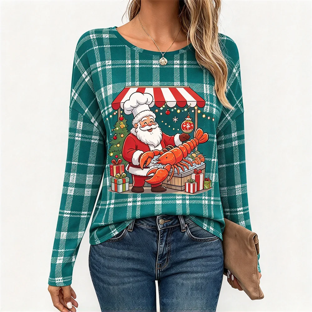 Ladies Ugly Christmas Long Sleeve T Shirt Santa Cartoon Striped Spliced Top Winter Xmas Casual Cotton Women Christmas Party Tops