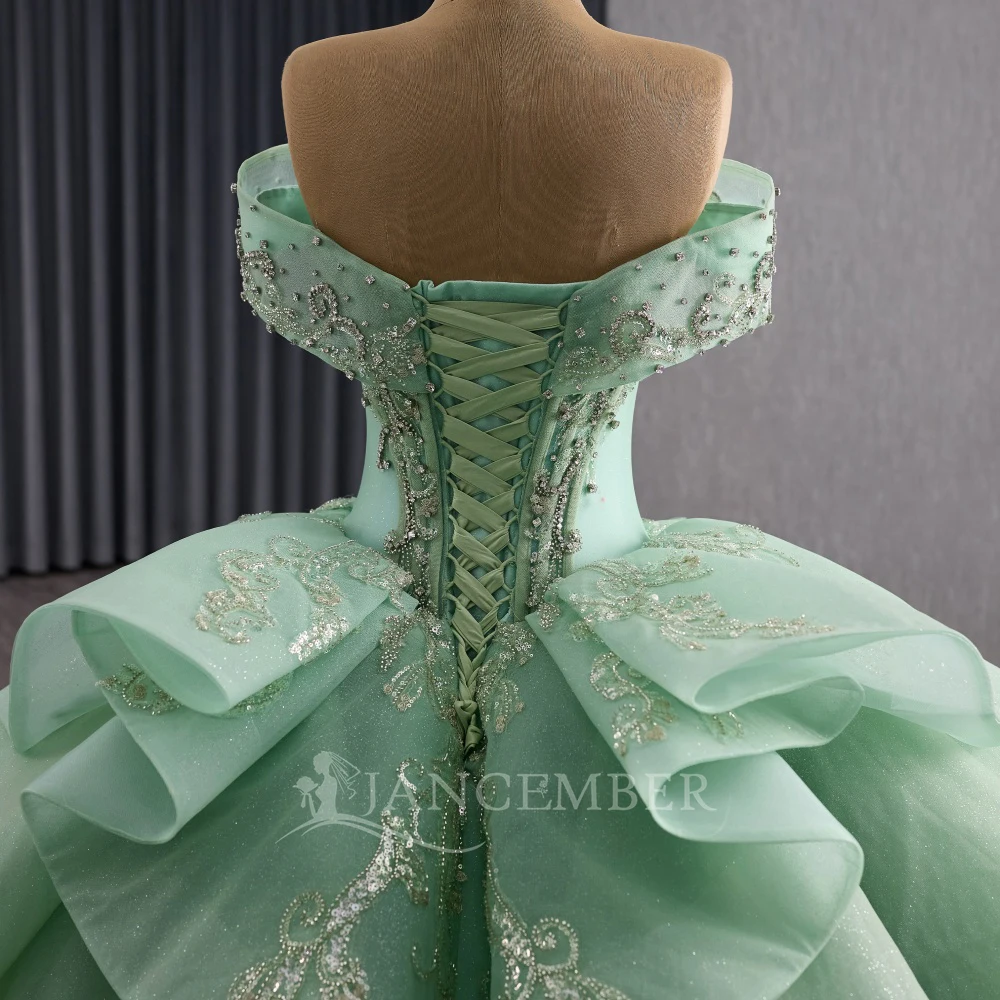 Shiny Quinceanera Dresses Green Off The Shoulder Lace Up Back Organza Beading Party Birthday Sweet 16 Dress Vestidos 15 De Anos