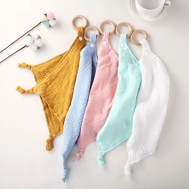 Baby Handkerchief With Wooden Ring Security Cotton Square Towel For Children Kids Teething Saliva Comfortable Towel