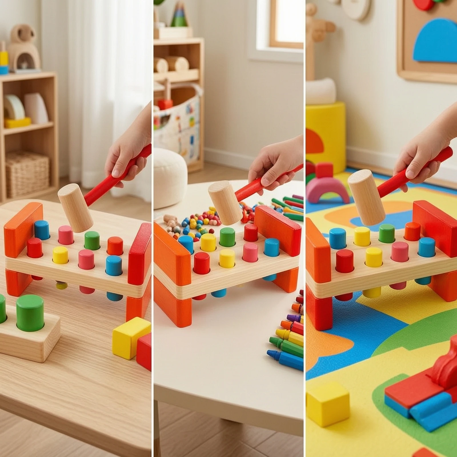 Wooden Pounding Bench with Hammer Hand-Eye Coordination Wooden Hammer Toy with Pegs Early-Learning Pounding Bench Multicolor