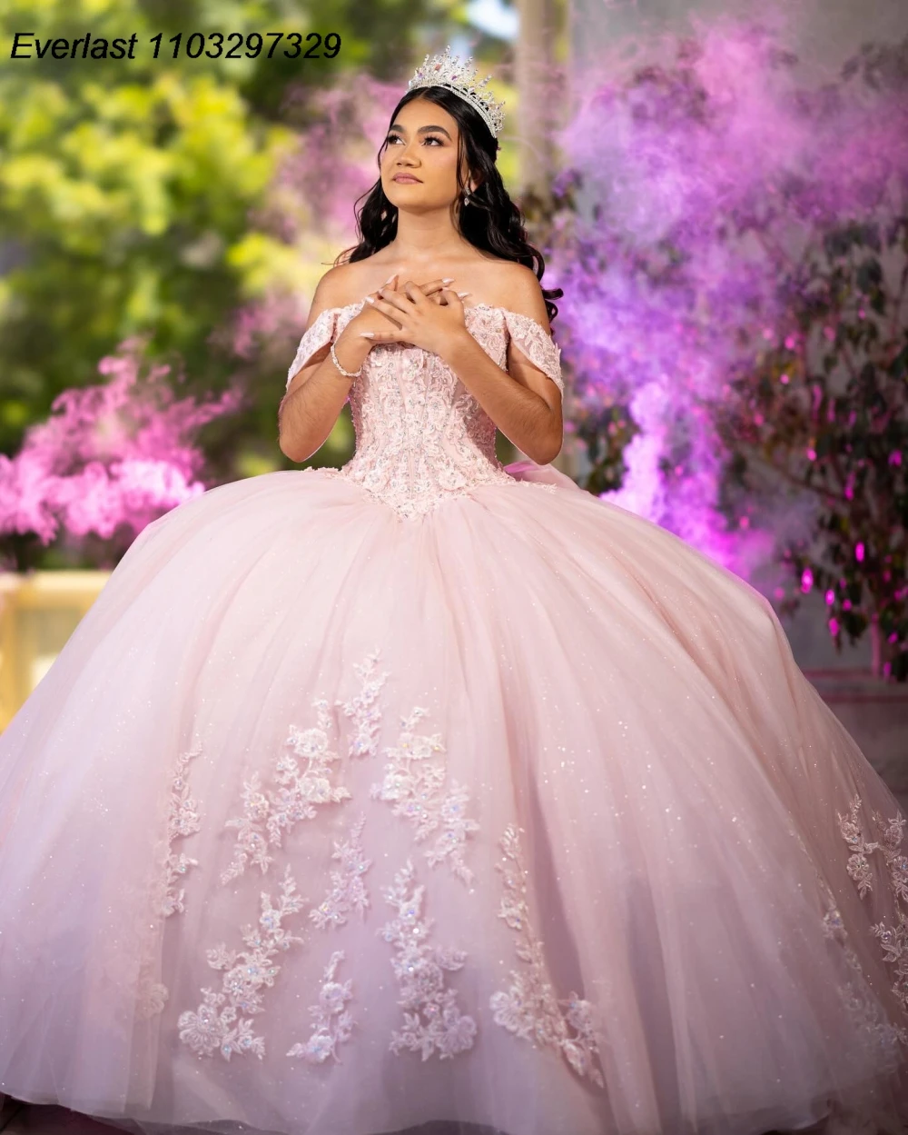 EVLAST Customized Pink Quinceanera Dress Ball Gown Lace Applique Beaded Bow Mexico Corset Sweet 16 Vestido De 15 Anos QD1136