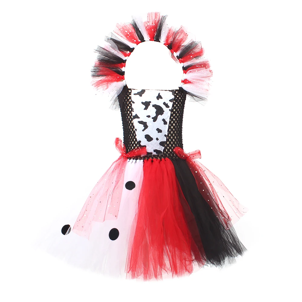 Girl Cruella Deville Tutu Dress for 101 Dalmatians Villain Halloween Costume Kids Vintage Polka Dots Cosplay Fancy Dresses