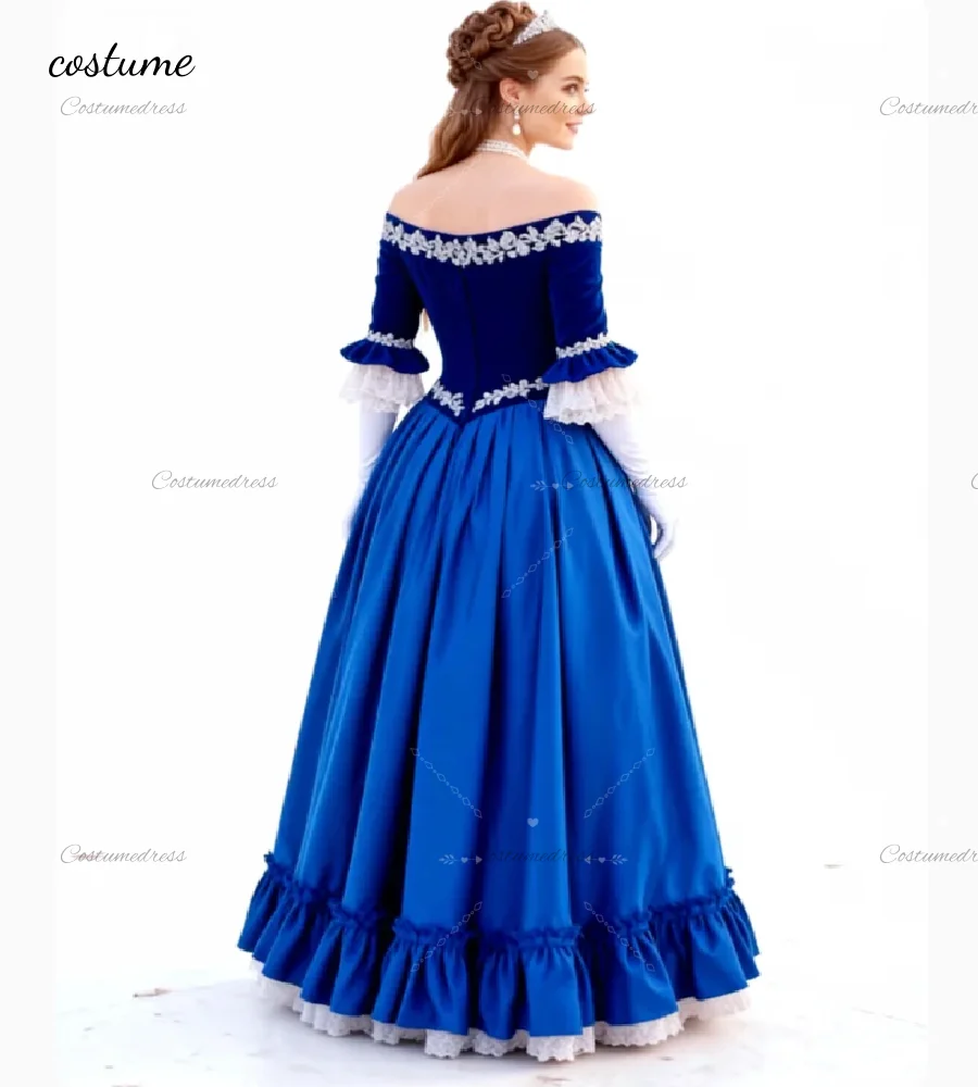 فستان سهرة فيكتوريا أزرق عتيق مع دانتيل أبيض بدون أكتاف وأكمام قصيرة فستان حفلة موسيقية من القرون الوسطى 2026 زي خيالي رسمي #2